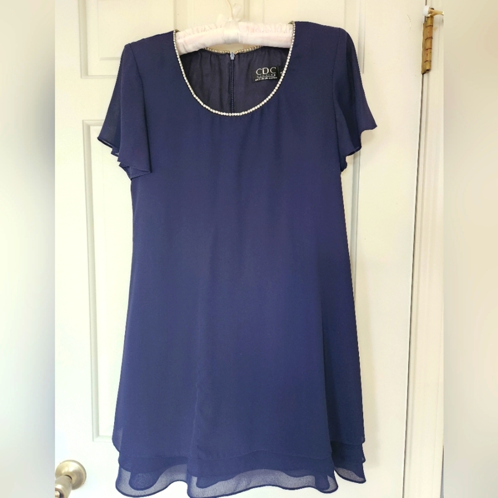 Party dress with rhinestone collar and flowing silky sleeves and bottom. 4 EUC